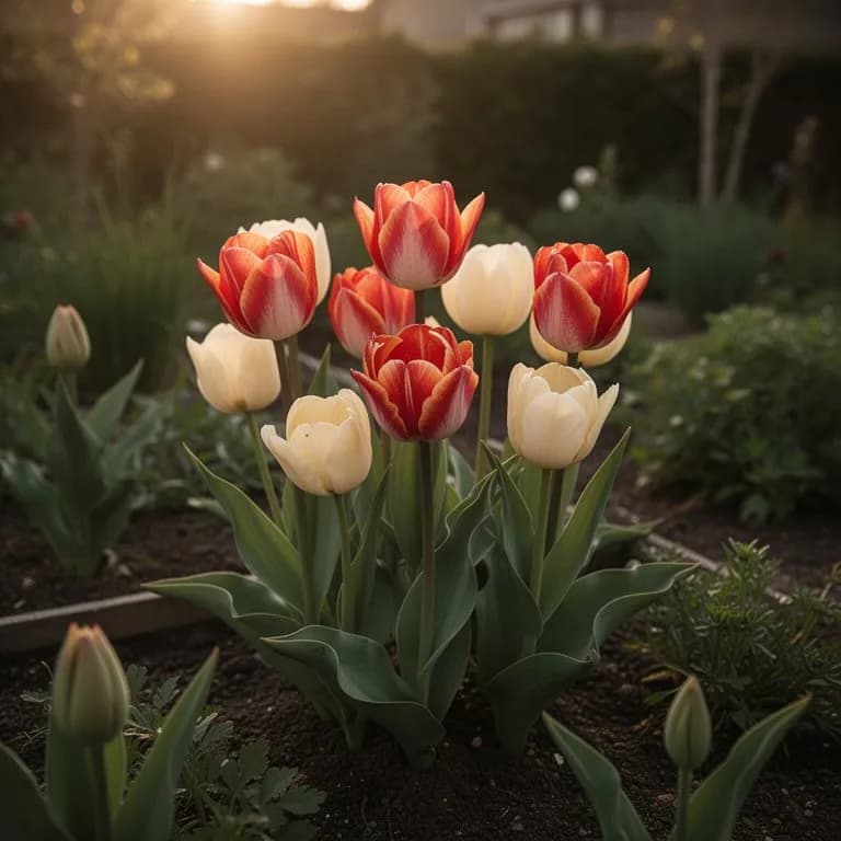 Varias variedades de tulipán híbrido Darwin, incluidas Apeldoorn, Golden Parade y Pink Impression