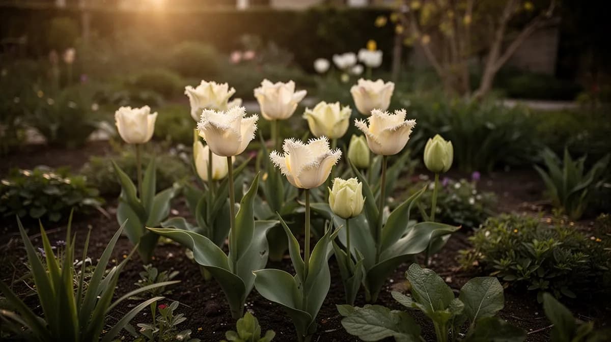 Plantación masiva de tulipanes flecados en una bordura de jardín formal