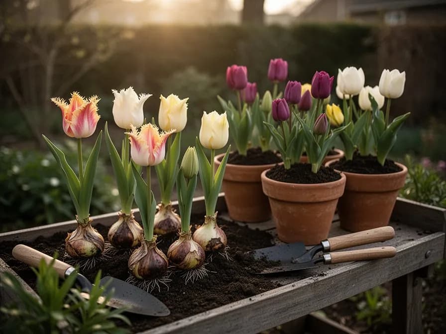 Frisch geschnittene gefranste Tulpen in einer Glasvase als Frühlingsstrauß arrangiert