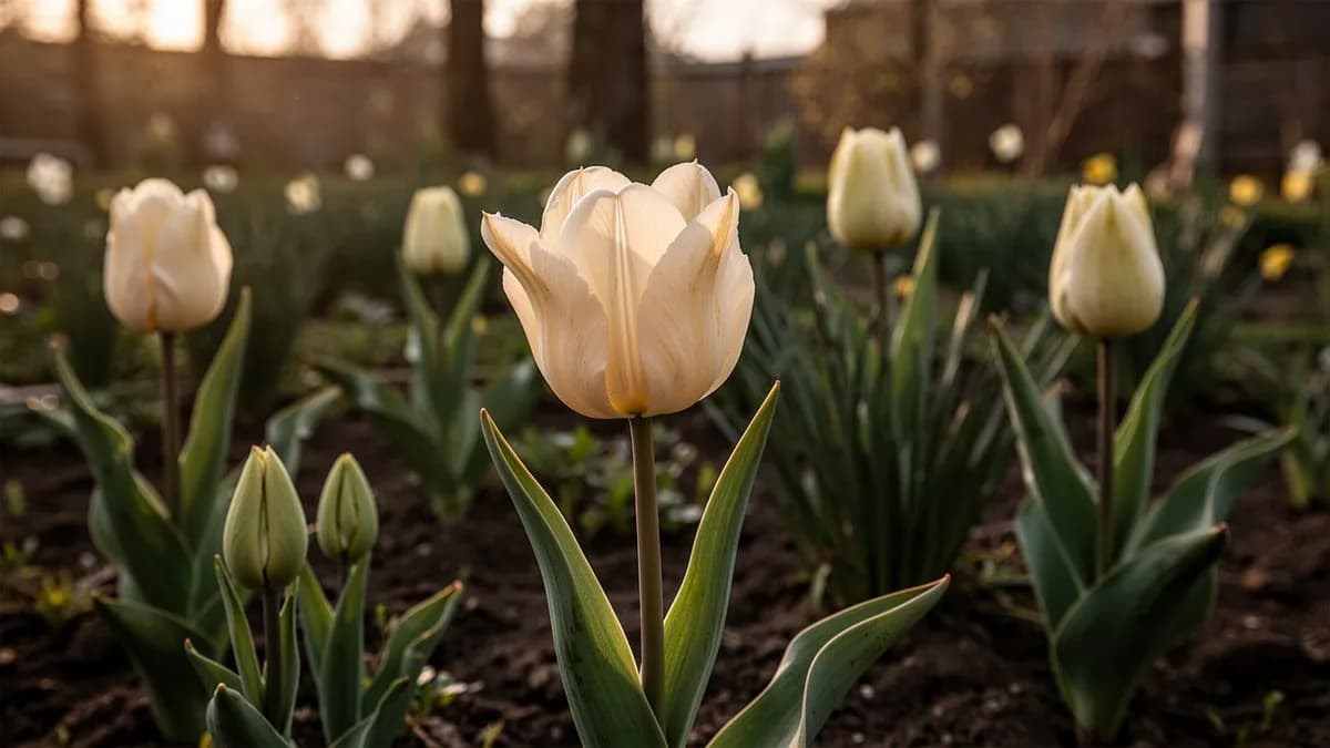 Bulbos de tulipán loro plantados en un suelo de jardín bien drenado en otoño
