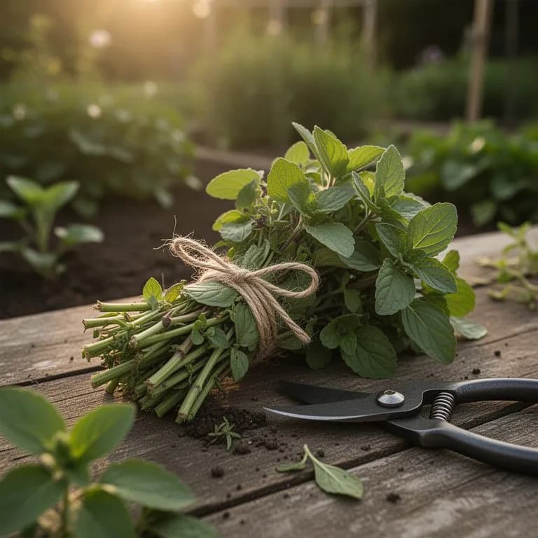 Jardinero cortando tallos frescos de tulsi con tijeras de podar por encima de un nudo foliar para el rebrote