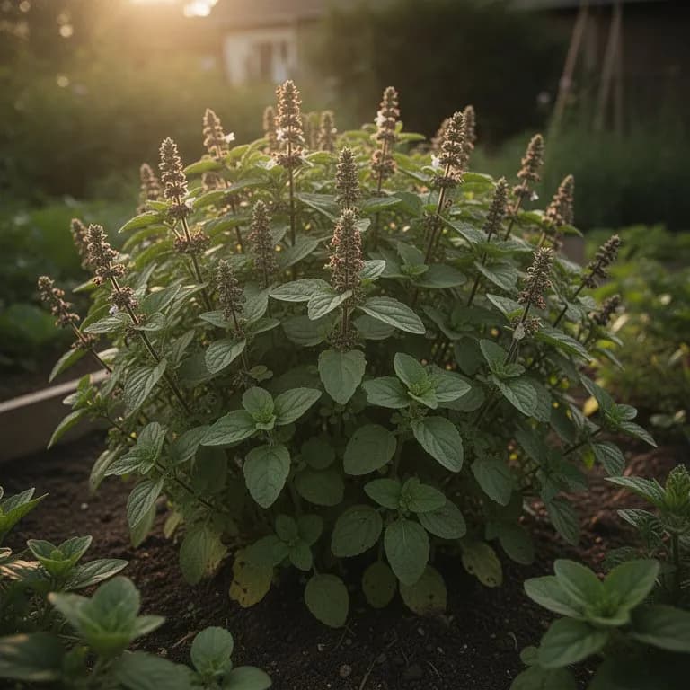 Planta madura de tulsi, frondosa, con follaje aromático denso creciendo en un bancal soleado