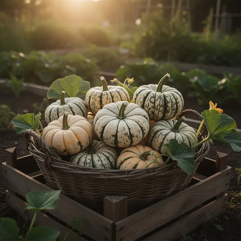Ripe turban squash with vivid orange and green striped turban cap sitting in a garden