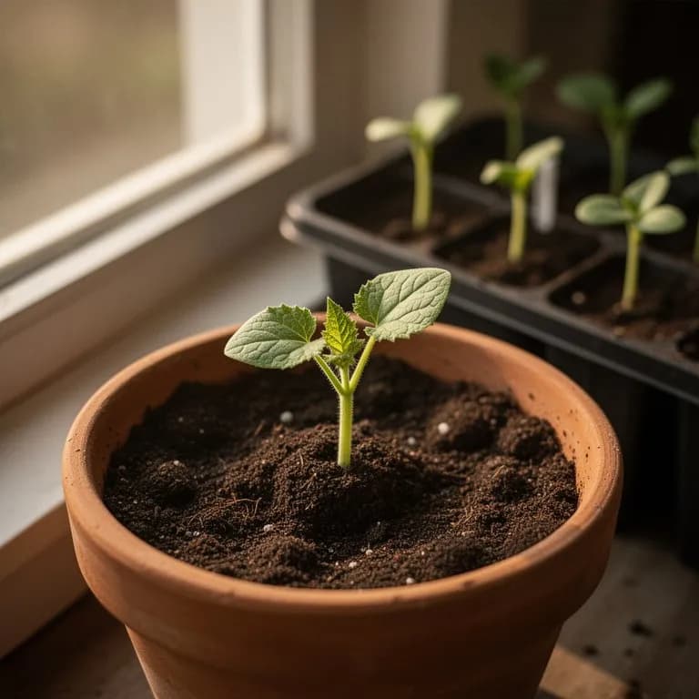 Young turban squash seedling with broad cotyledon leaves emerging from rich garden soil