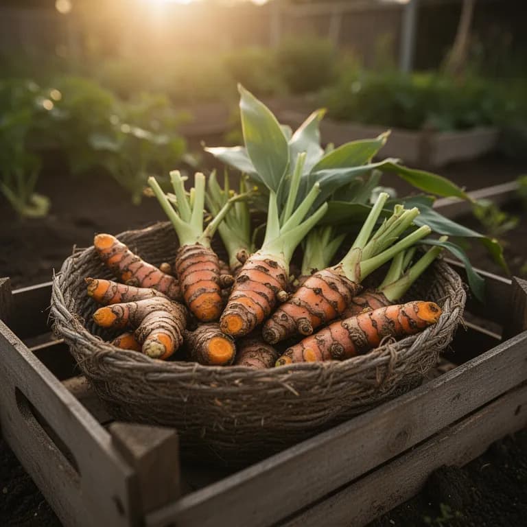 Freshly dug turmeric rhizomes with orange flesh visible at broken ends