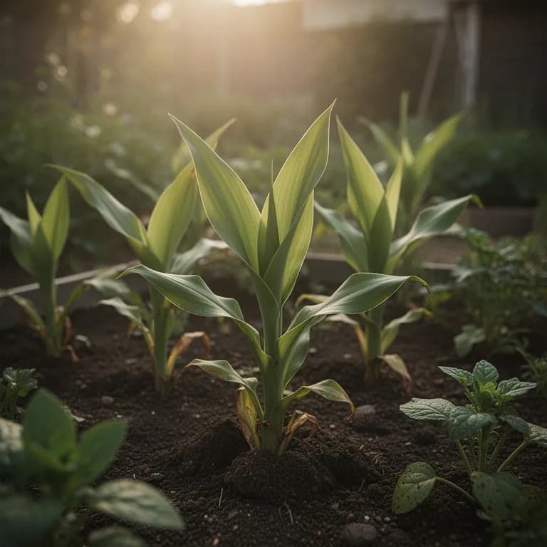 Lush turmeric plant with tall broad green leaves resembling canna lily