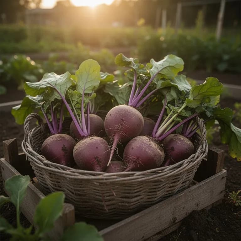 Frisch gezogene Purple-Top-Rüben mit leuchtend violetter und weißer Färbung und anhaftendem Grün