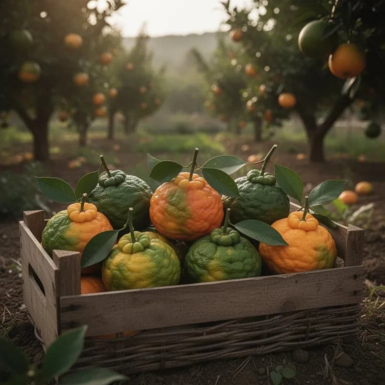 Unripe ugli fruits hanging on tree, fully green and rough-skinned in late summer