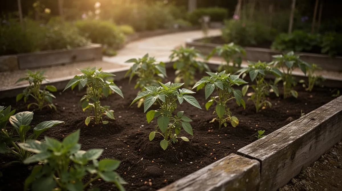 Urad dal plants growing densely in a warm-season garden bed