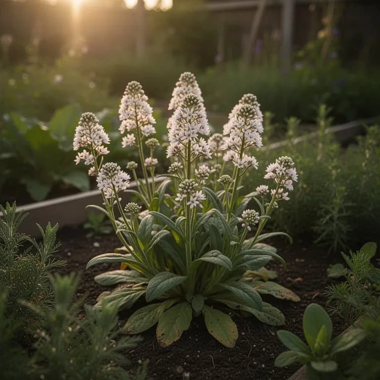 Bienen und Schmetterlinge besuchen Baldrian-Blütenbüschel in einem sonnigen Kräutergarten