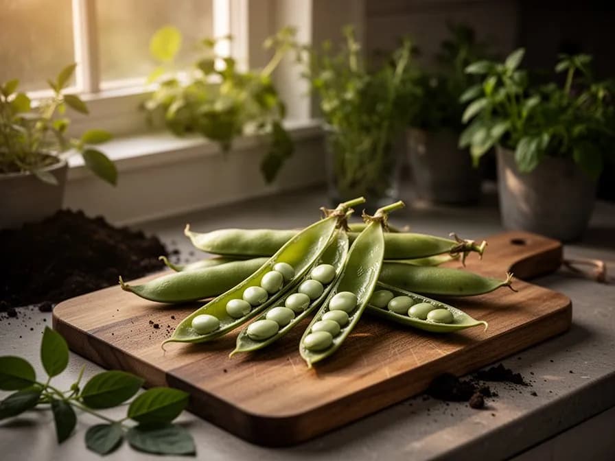 Dichte Samtbohnen-Bodenbedeckung unterdrückt Unkraut in einem tropischen Gartenbeet
