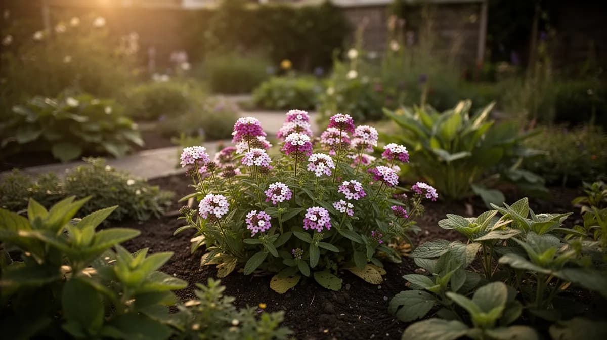 Flächenpflanzung von Garten-Eisenkraut in einem sonnigen Blumenbeet mit gemischten Farben
