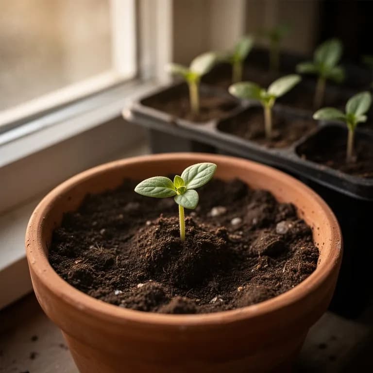 Vinca-Keimling mit ersten echten Blättern