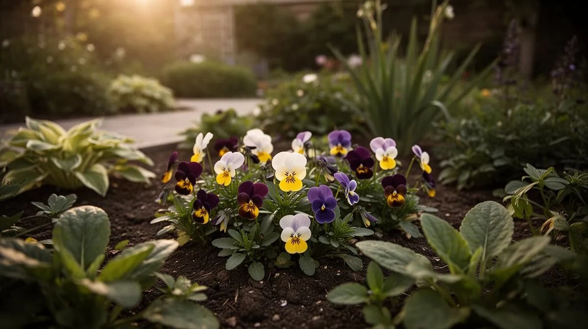Violetas dulces creciendo como cubresuelos bajo un árbol frutal en un jardín de permacultura
