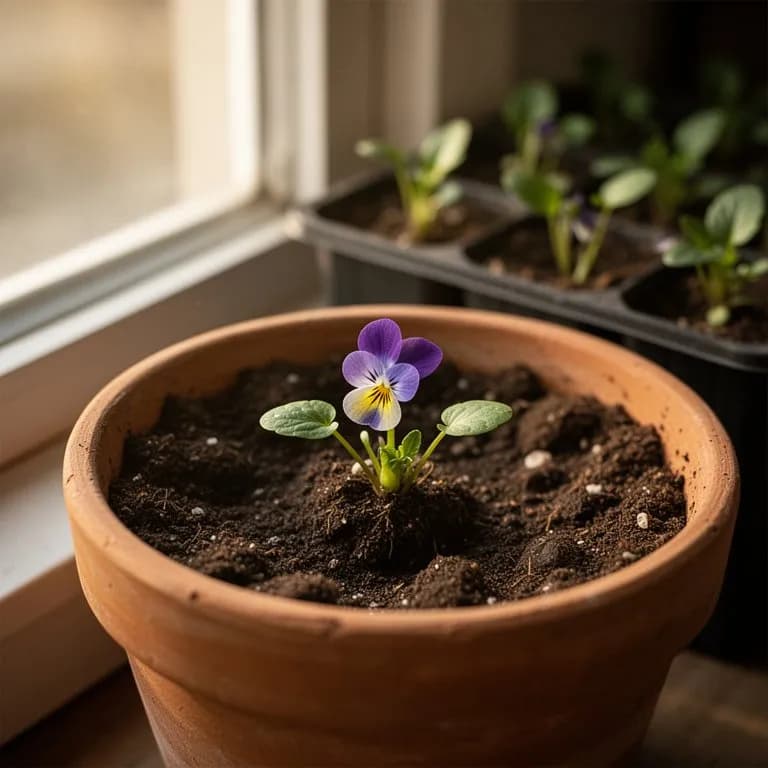 Plántulas jóvenes de violeta dulce con sus primeras hojas verdaderas en forma de corazón