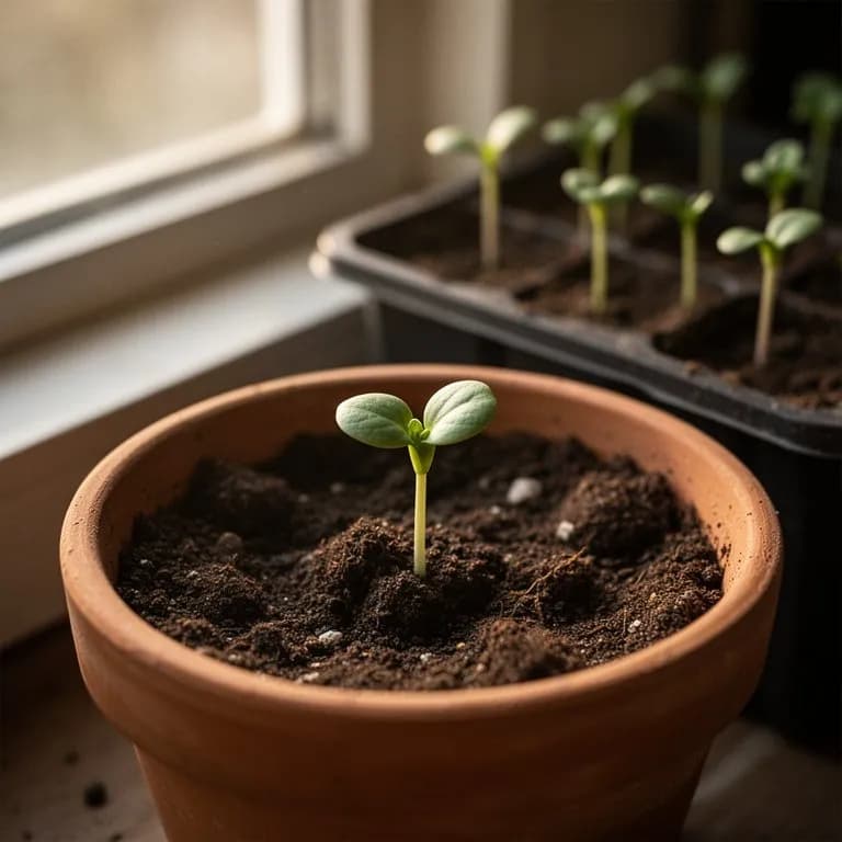 Plántula joven de wasabi emergiendo de un suelo rico y orgánico