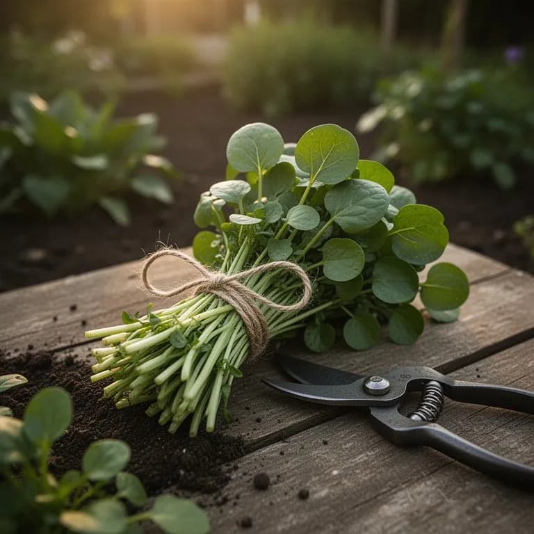 Fresh bunch of watercress with dark green leaves and crisp hollow stems held over a cutting board