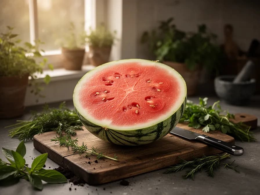 Cross-section of a ripe seedless watermelon revealing deep red flesh with no black seeds