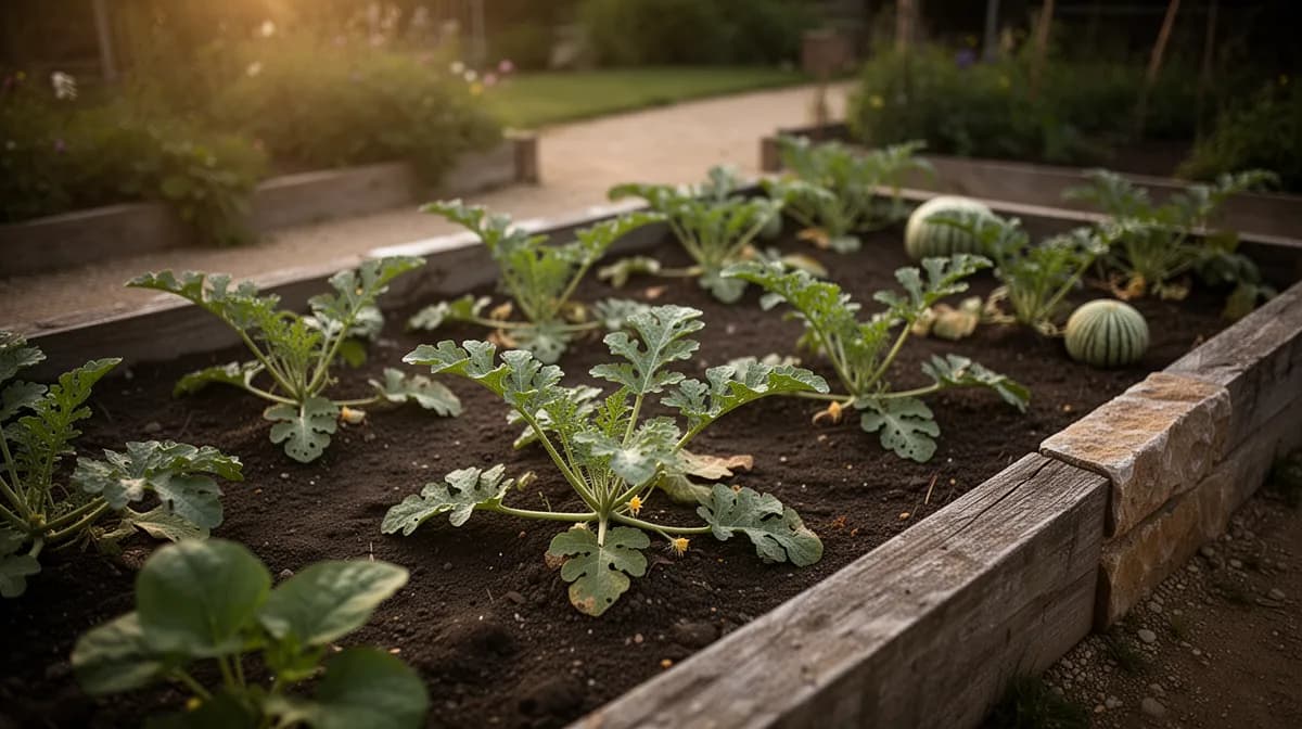 Seedless watermelon patch in a large sunny garden with straw mulch between rows