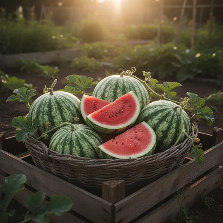 Ripe seedless watermelon freshly cut from the vine showing the curled tendril nearby
