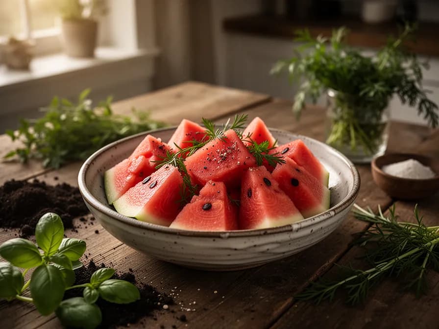 Fresh watermelon feta salad with mint leaves and balsamic drizzle on a white plate