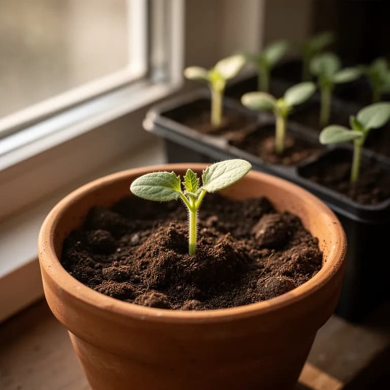 Young seedless watermelon seedling with broad cotyledon leaves emerging from a warm raised bed