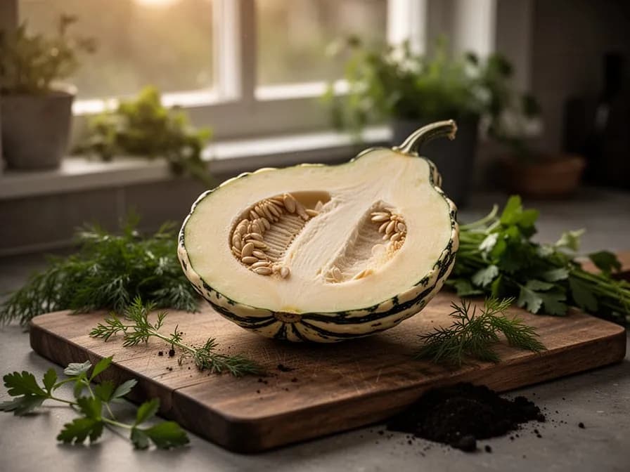 Cross-section of wax gourd showing white translucent flesh and central seed cavity