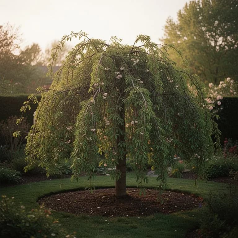 Weeping cherry tree displaying golden-yellow autumn foliage