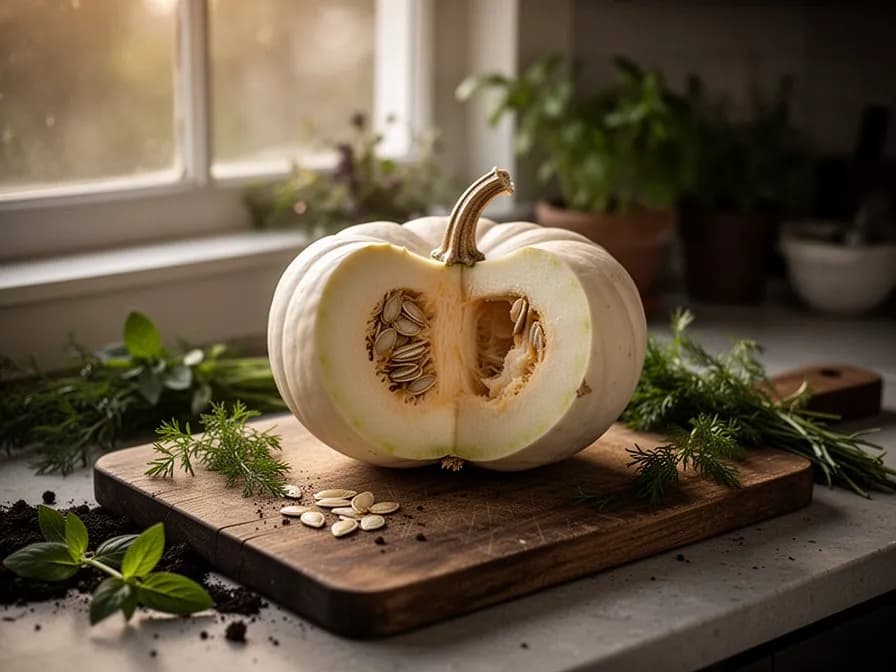 Weiße Kürbisse als elegante Herbstdekoration auf einer Bauernhaus-Veranda arrangiert