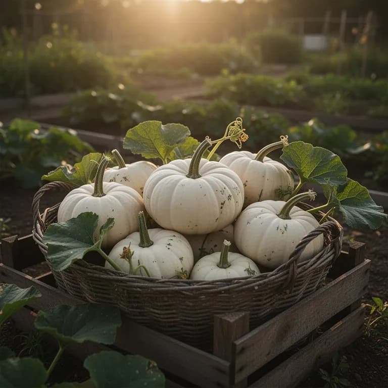 Reife weiße Kürbisse mit glatter elfenbeinfarbener Schale im Garten, bereit zur Ernte