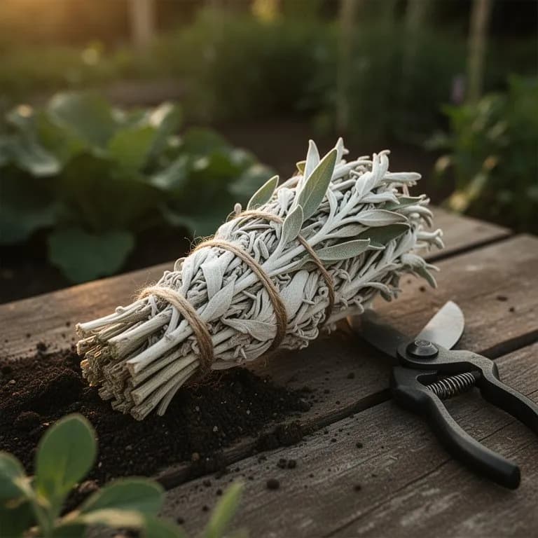 Ramitas de salvia blanca recién cosechadas sobre una superficie rústica de madera