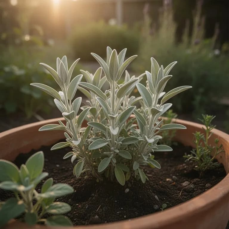 Nahaufnahme von Weißen-Salbei-Blättern, die mit feinen silbrig-weißen Trichomen bedeckt sind