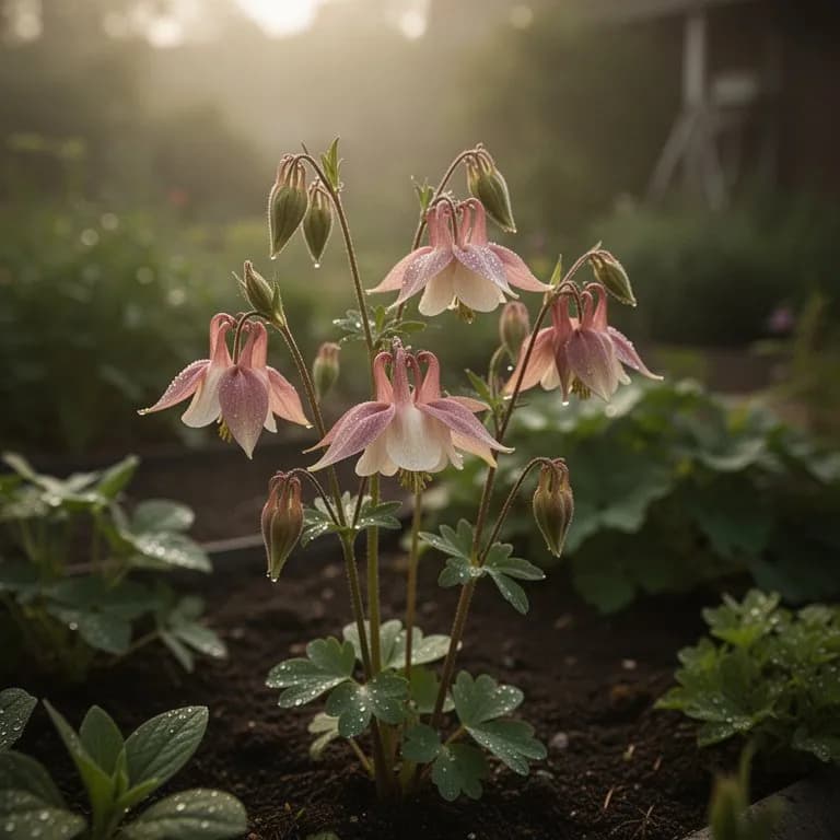 Rubinkehlkolibri besucht Wilde-Akelei-Blüten