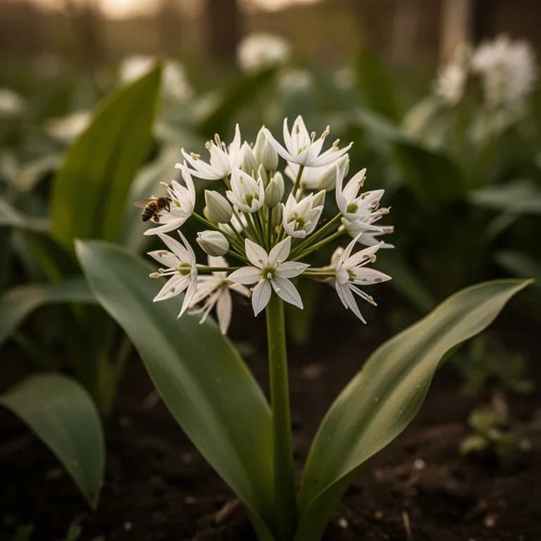 Delicate white star-shaped wild garlic flowers in full bloom