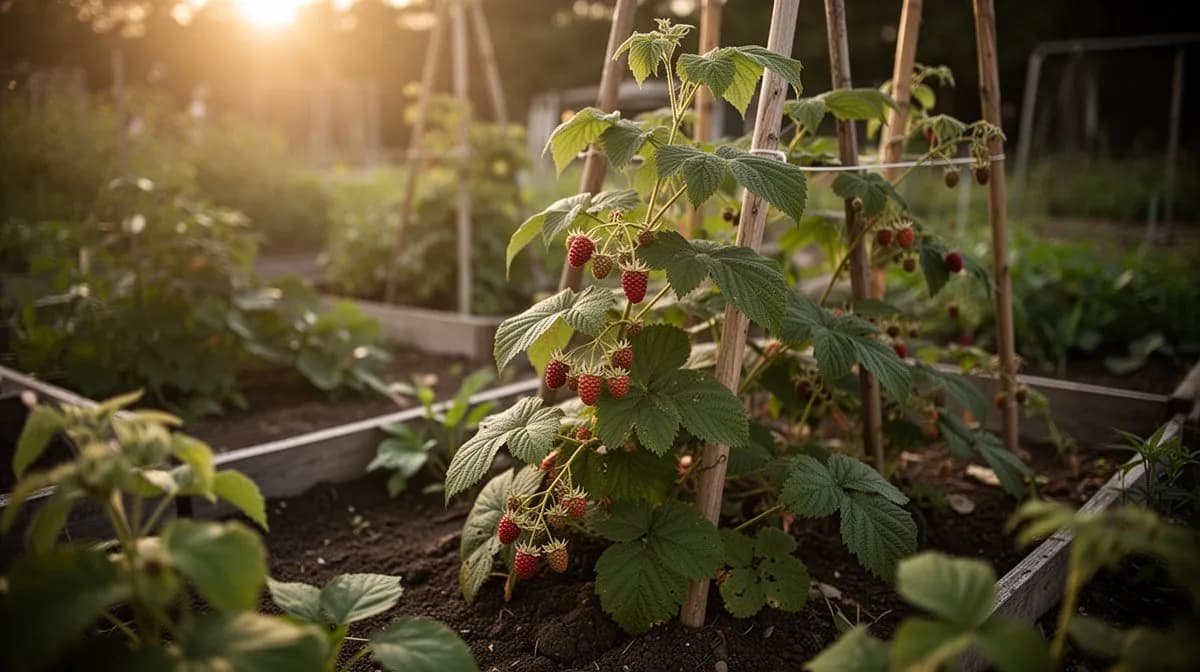 Parche silvestre de moras de vino creciendo al borde de un bosque con luz moteada