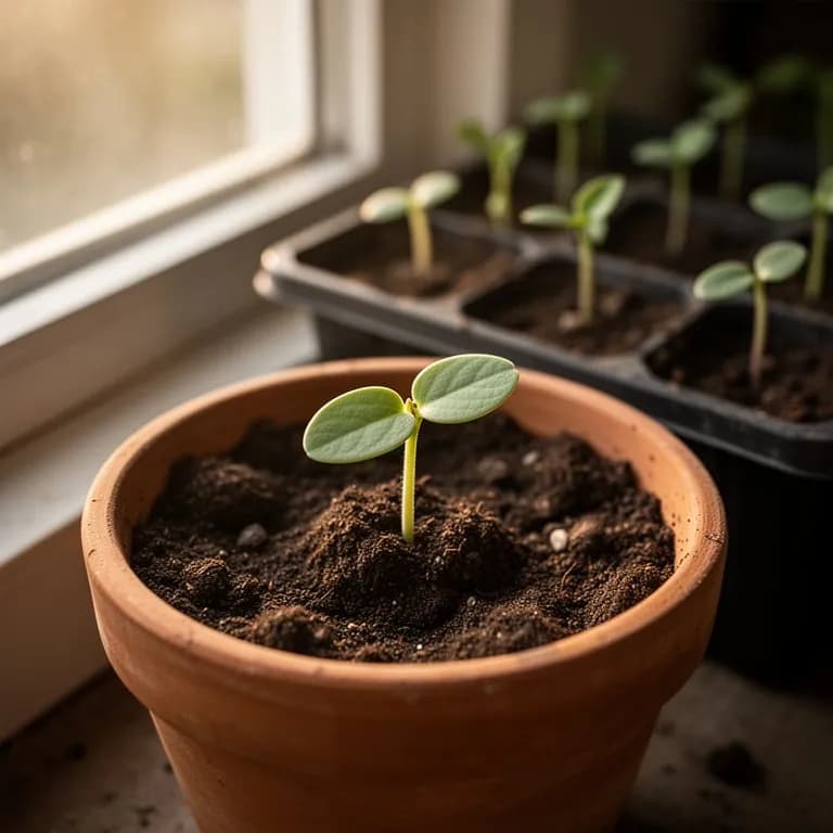Young winged bean seedling with trifoliate leaves emerging from dark tropical soil