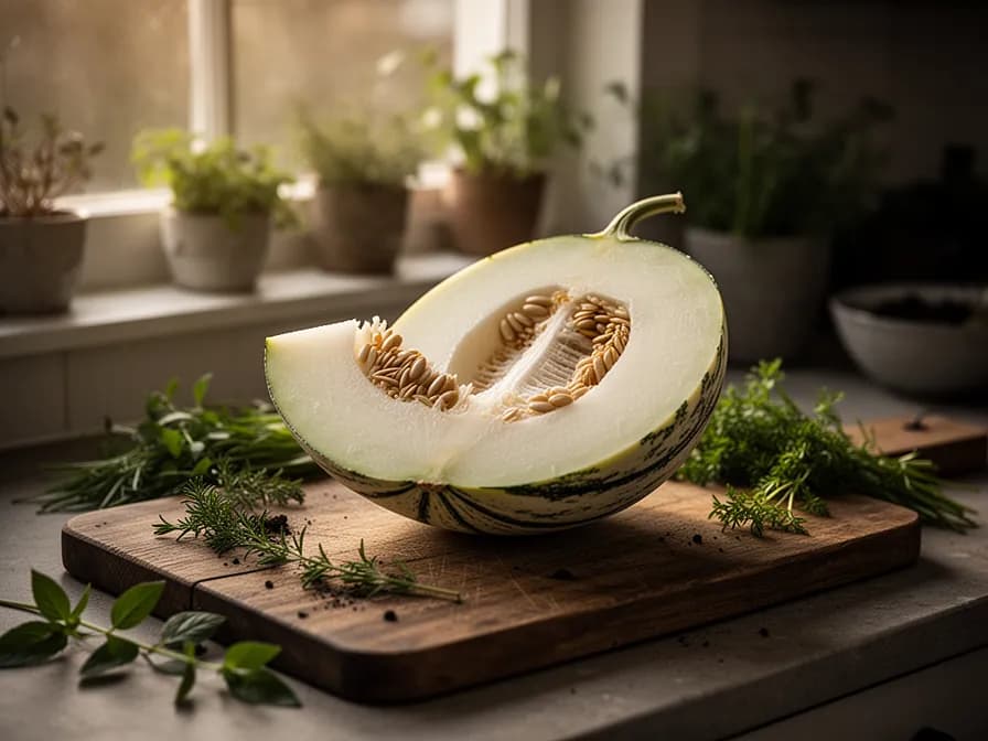 Cross-section of winter melon showing translucent white flesh and central seed cavity