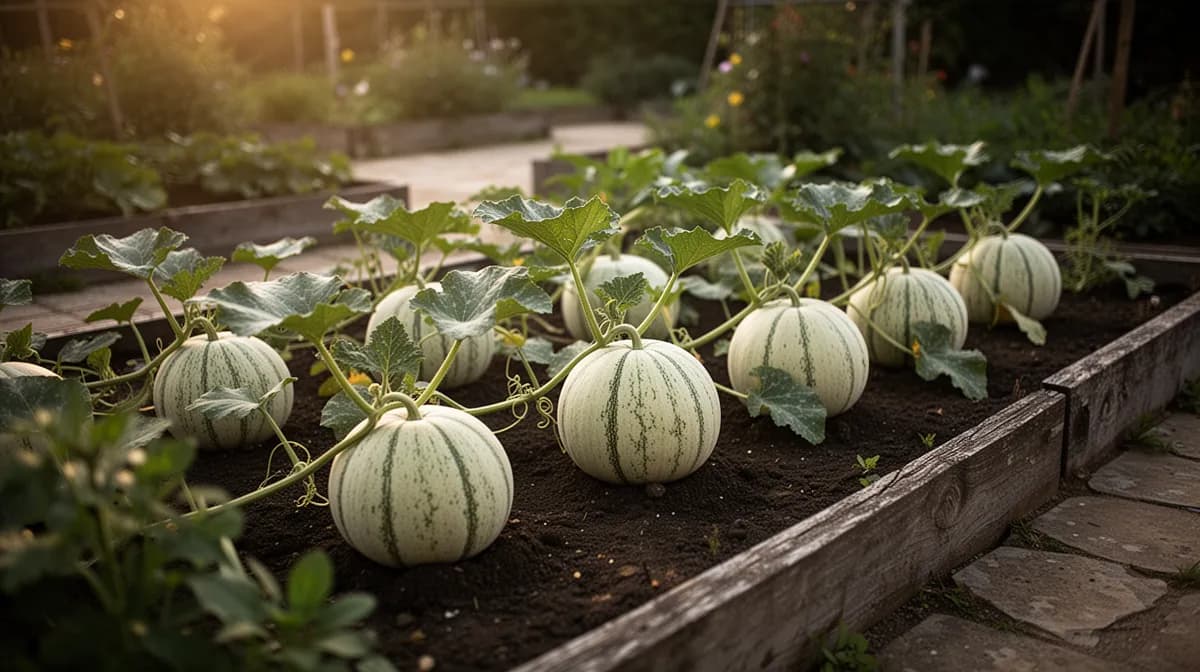 Winter melon vine sprawling across a large garden bed with several large fruits visible