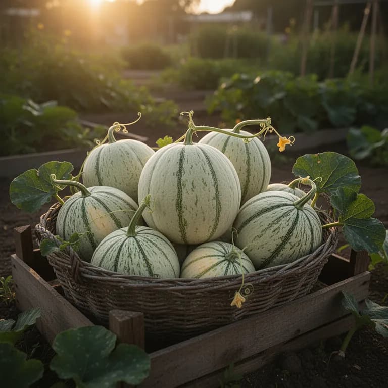Large oblong winter melon with powdery white wax coating resting on straw mulch