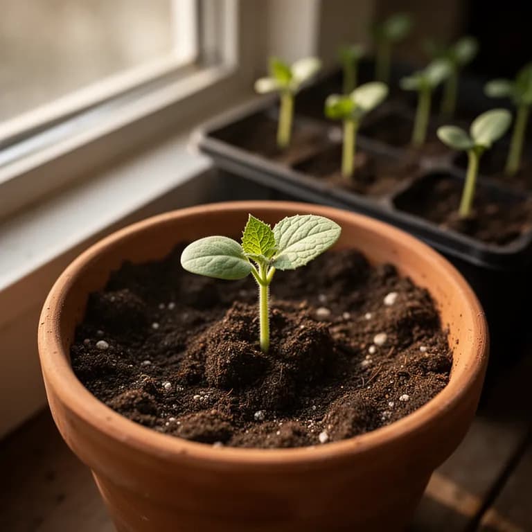 Young winter melon seedling with broad cotyledon leaves emerging from warm soil