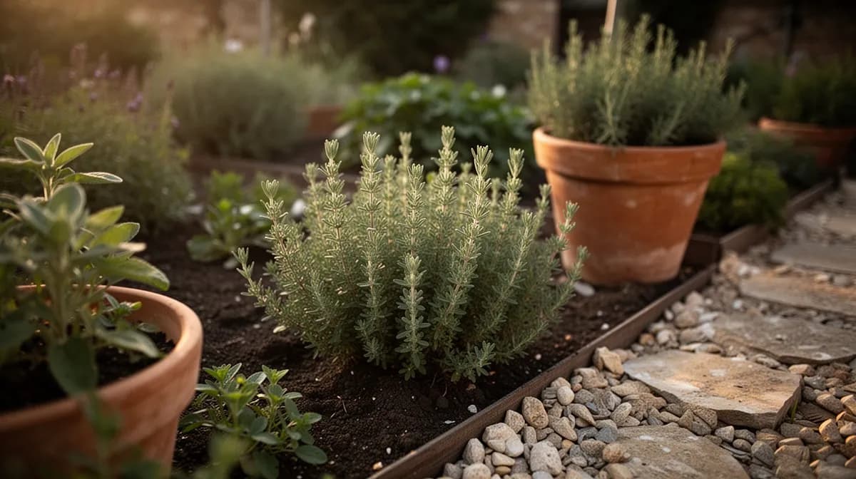 Winterbohnenkraut als niedrige aromatische Hecke entlang eines Gemüsegartenweges gepflanzt