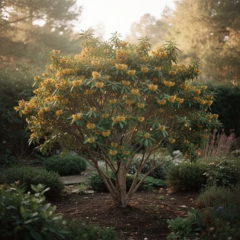Árbol hamamelis maduro con exuberante follaje verde de verano