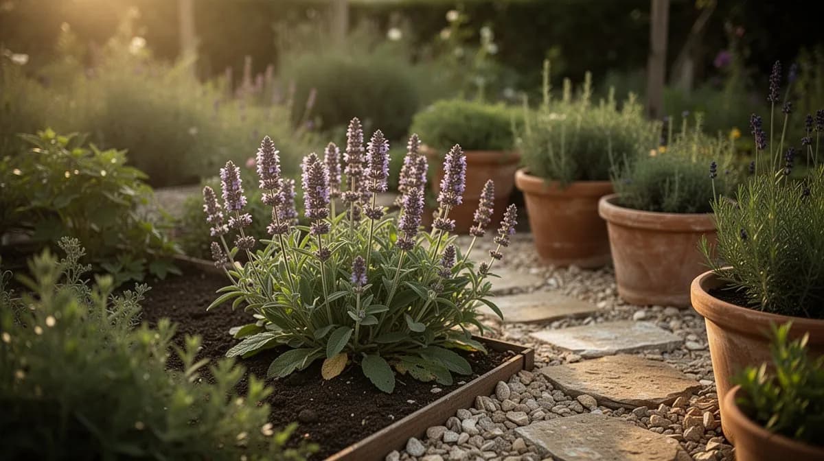 Heilziest in einer Bauerngarten-Rabatte zusammen mit Wildblumen gepflanzt