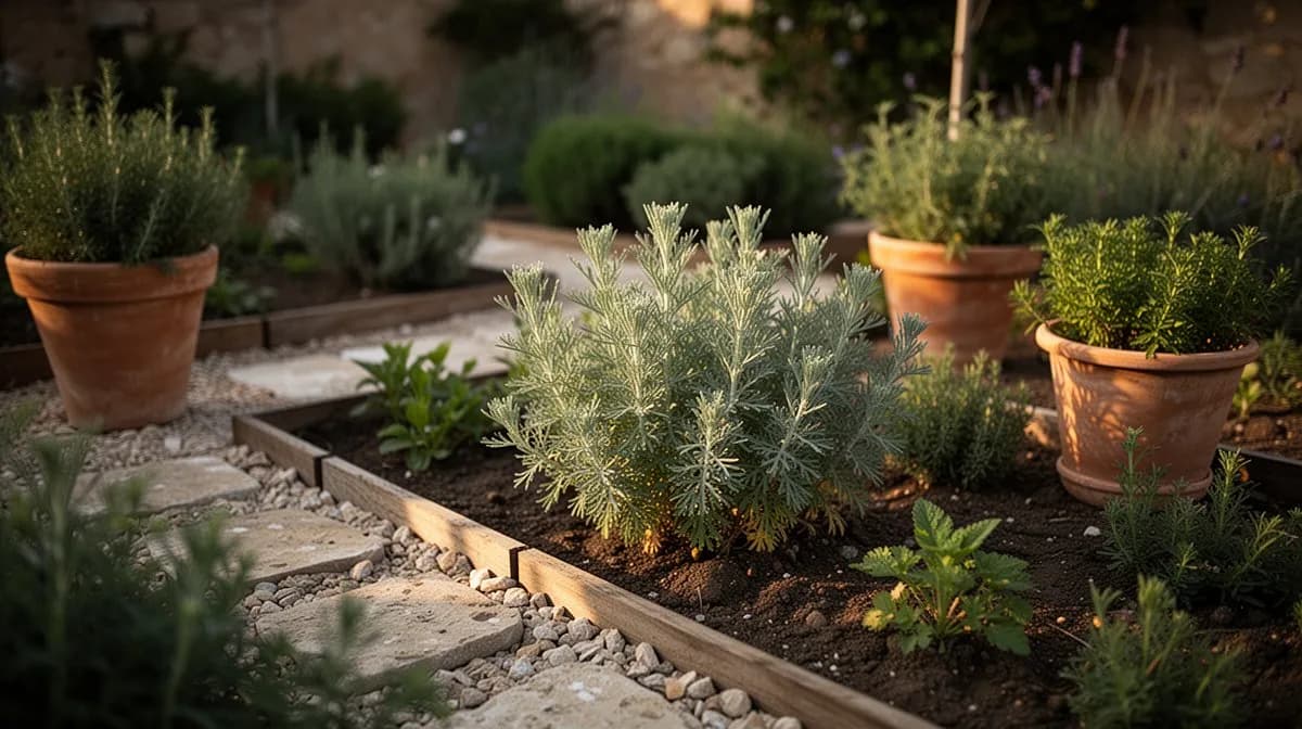 Ajenjo plantado a lo largo del borde del jardín como disuasor natural de plagas cerca de las verduras