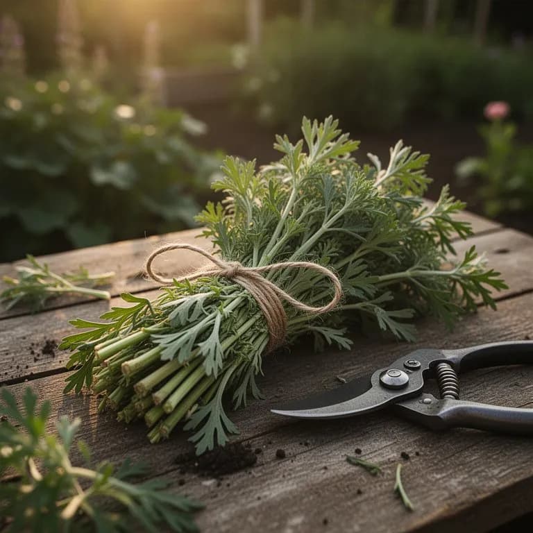 Jardinero cortando tallos de ajenjo con tijeras de podar para secarlos