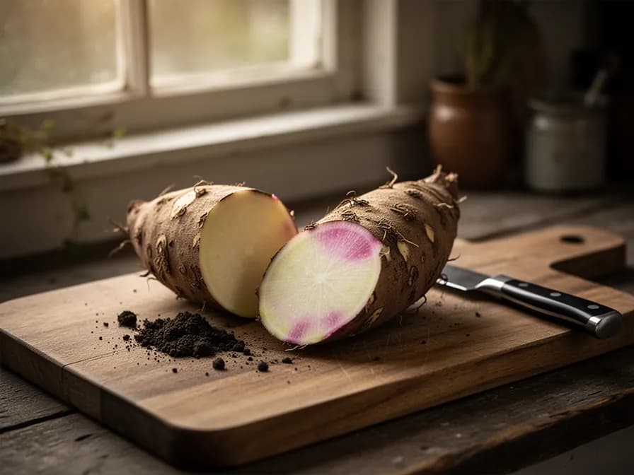 Freshly harvested yam tuber with rough bark-like brown skin