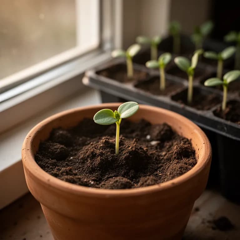 Yam tuber section sprouting with a pale shoot emerging from the eye