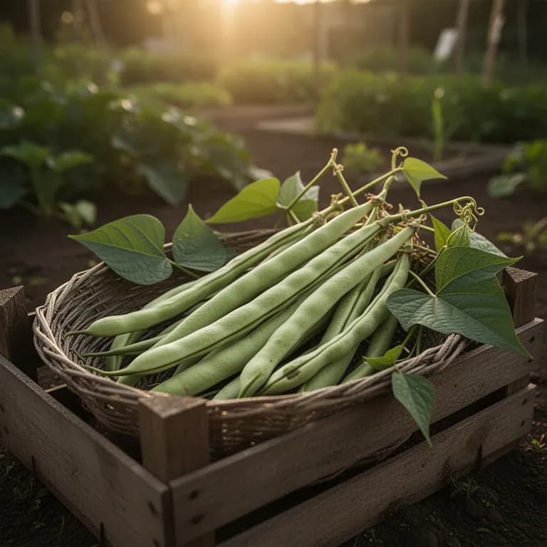Bundle of freshly harvested yard-long beans in various lengths on a cutting board