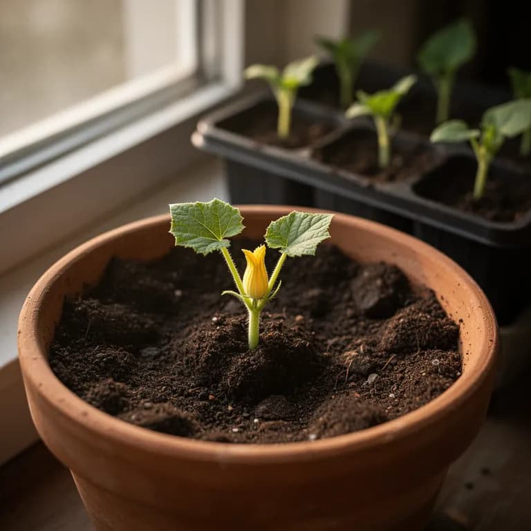 Junger gelber Kürbissämling mit großen Keimblättern, der aus einem Gartenhügel hervortritt