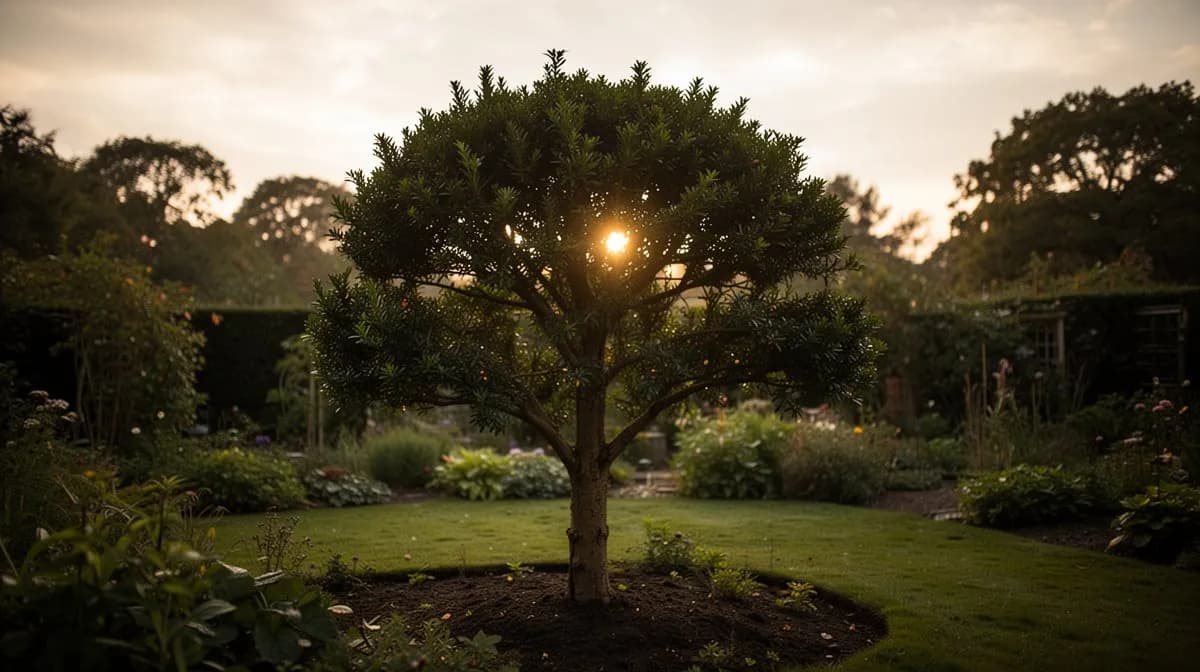 Seto de tejo recortado con precisión formando un límite de jardín formal alto con densas paredes verdes
